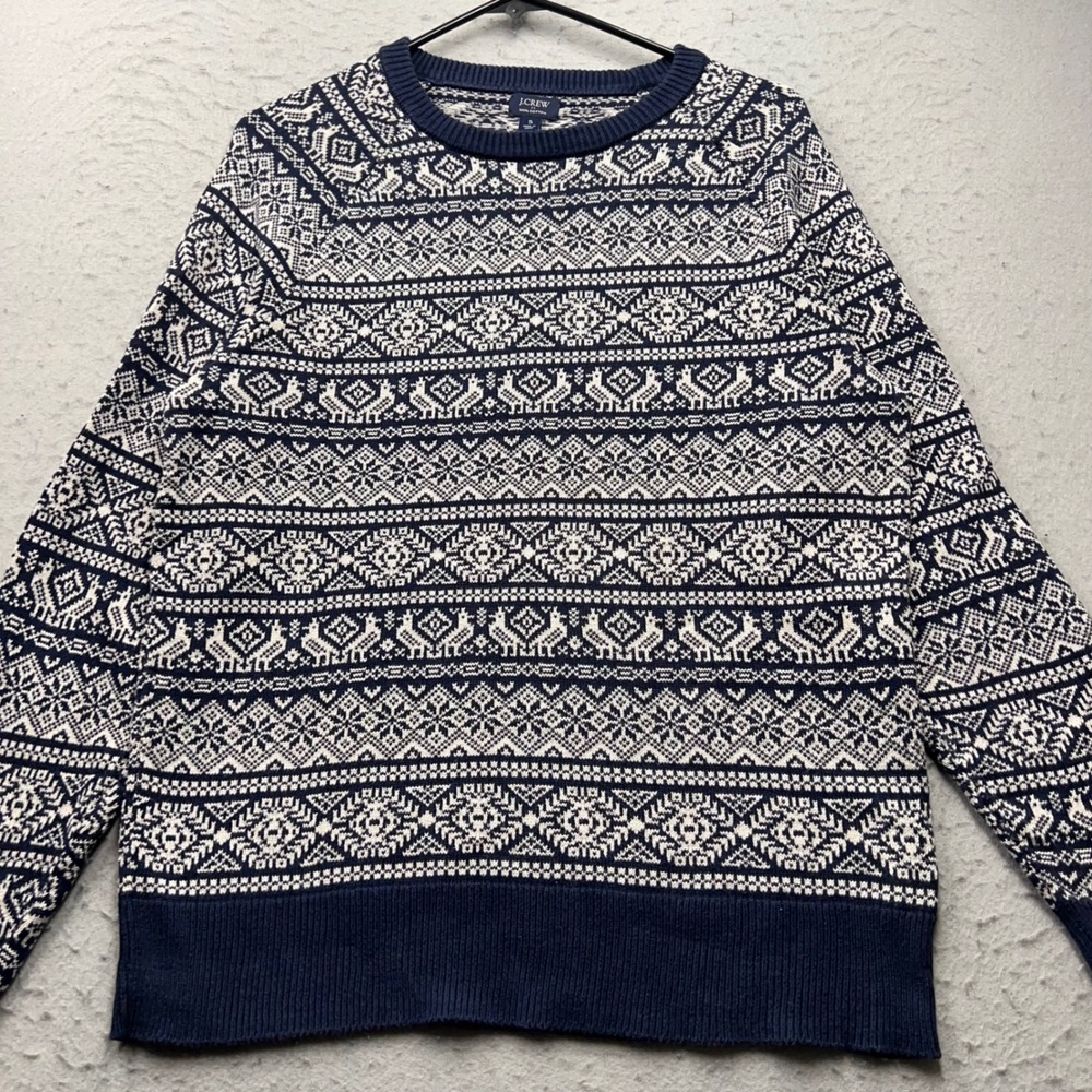 J.Crew Mens Small Navy Blue White‎ Fair Isle Cotton Crewneck Sweater 1724